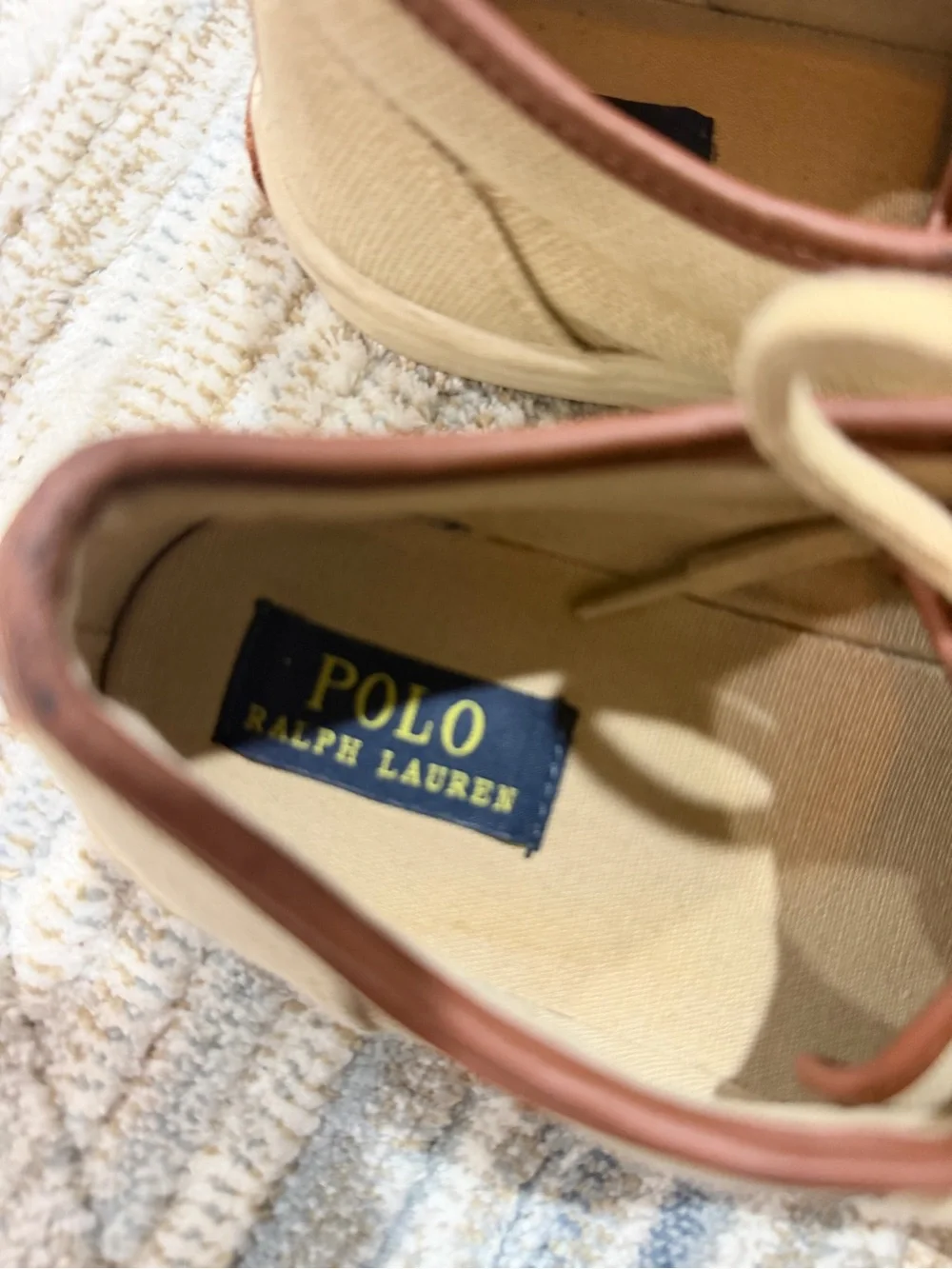 Polo by Ralph Lauren Tan Canvas Boat Shoes with Brown Trim